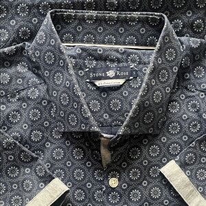 Stone Rose Men’s NavyBlue Geometric Short Sleeve Shirt 100% US Prima Cotton Sz 5